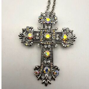 Vintage Silver Tone Rhinestone Cross Necklace – Faith Statement Jewelry